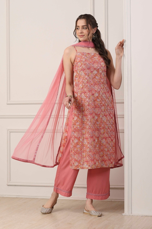 Peach Poly Georgette Floral Thread Work Straight Suit Set